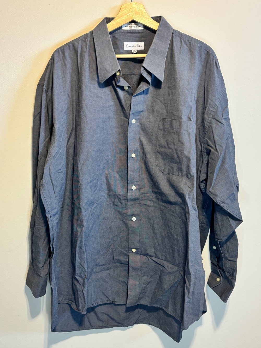 ✨Vintage Christian Dior Men's Blue/Grey Long-Sleeve Button-Up Shirt 18 (34/35)